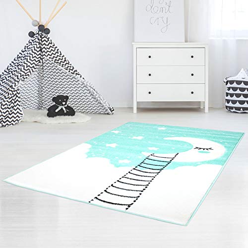 Kinderteppich Bueno Konturenschnitt mit Mond Wolken Sterne in Mint-Türkis Creme für Kinderzimmer; Größe: 160x230 cm von carpet city