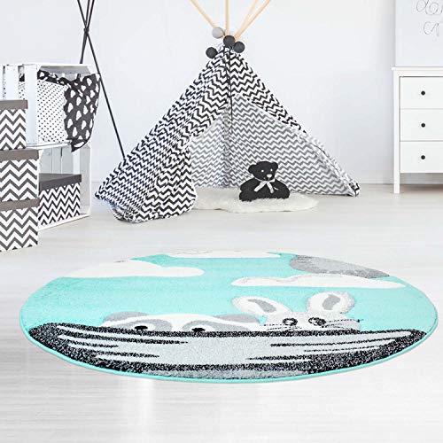 Kinderteppich Bueno mit Tieren Hase Waschbär in Mint-Türkis mit Konturenschnitt für Kinderzimmer; Größe: 120 cm Rund von carpet city