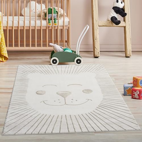 Kinderteppich Creme, Beige - 120x160 cm - Tier-Motiv Löwe - Kurzflor Teppiche Kinderzimmer, Spielzimmer von carpet city