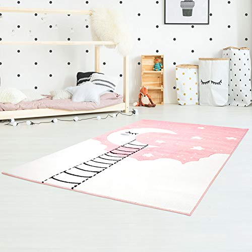 Kinderteppich Flachflor Bueno Konturenschnitt mit Mond Wolken Sterne in Rosa Creme für Kinderzimmer; Größe: 160x230 cm von carpet city