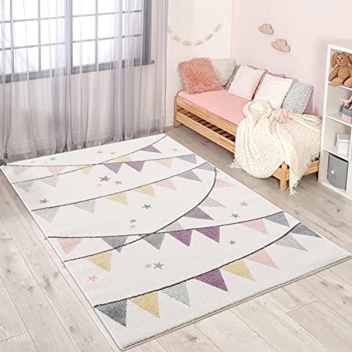 Kinderteppich Kinderzimmer Creme Lila - 120x160 cm - Wimpel-Motiv - Kinderzimmerteppiche Mädchen - Babyzimmer-Teppich - Spielteppich von carpet city