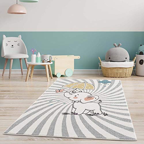 Kinderteppich Läufer - Tier-Motiv Baby-Elefant 80x150 cm Creme Multi - Kinderzimmer Teppich Modern von carpet city