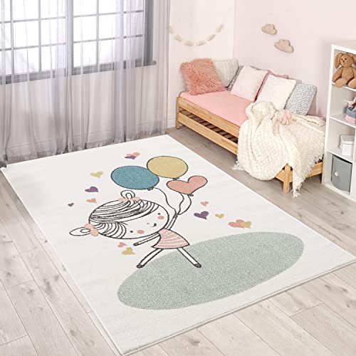 Kinderteppich - Mädchen Luftballon 140x200 cm Creme Multi- Kinderzimmer Teppich Modern von carpet city