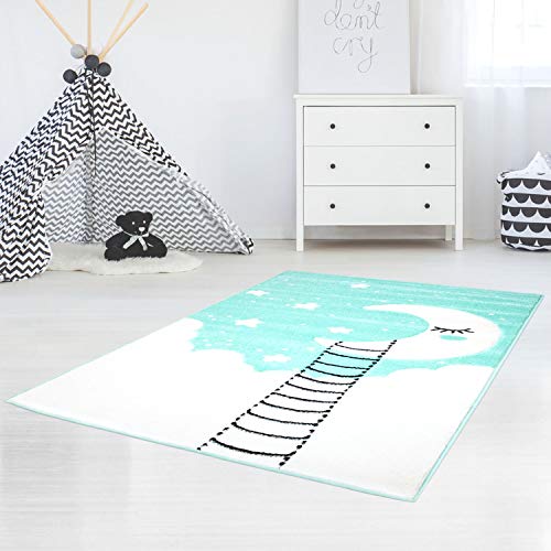 Kinderteppich Mond Sterne Mint - 140x200 cm - Teppich Kinderzimmer für Jungen und Mädchen von carpet city