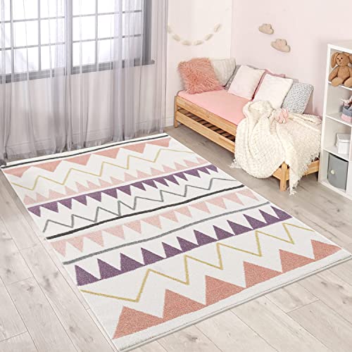 carpet city Kinderteppich - Zickzack-Motiv 120x160 cm Creme Rosa - Kinderzimmer Teppich Modern Mädchen von carpet city