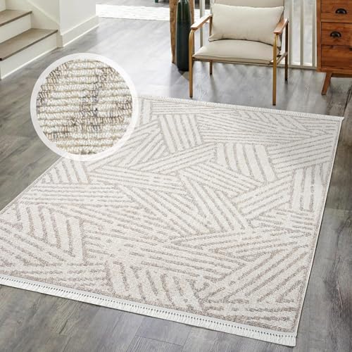 Kurzflor Teppich Wohnzimmer Beige - 120x170 cm - Geometrisches Muster - Fransen-Teppiche Modern, Boho für Schlafzimmer, Esszimmer von carpet city