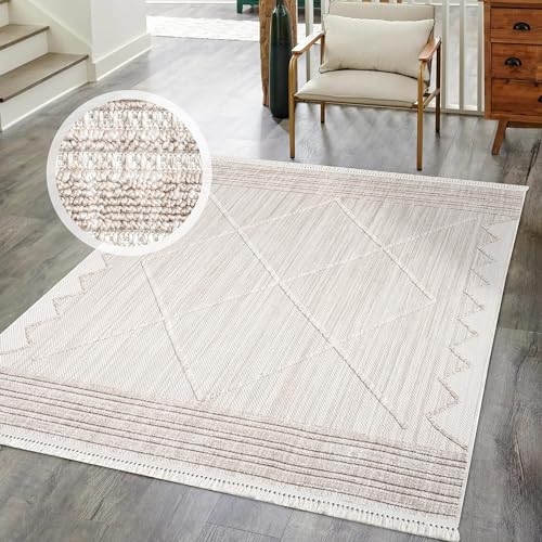 Kurzflor Teppich Wohnzimmer Beige - 140x200 cm - Geometrisch, Relief-Optik - Fransen-Teppiche Modern, Boho für Schlafzimmer, Esszimmer von carpet city