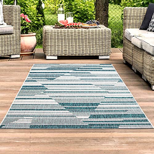 Outdoor Teppich Blau Grau Meliert 80x150 cm - Aussenbereich Garten Balkon Wasserfest - Modernes Geo-Muster - Wetterfeste Balkonteppiche - Indoor Wohnzimmerteppich Küchenläufer Badteppich von carpet city