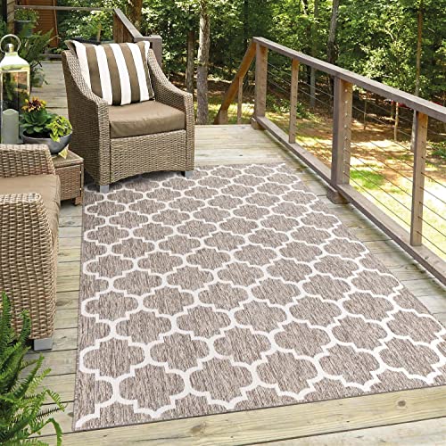 Outdoor-Teppich Flachgewebe Teppich Terrasse Balkon, Modern mit Geometrischen Muster in Beige für Außen und Innen Größe 80/150 cm von carpet city