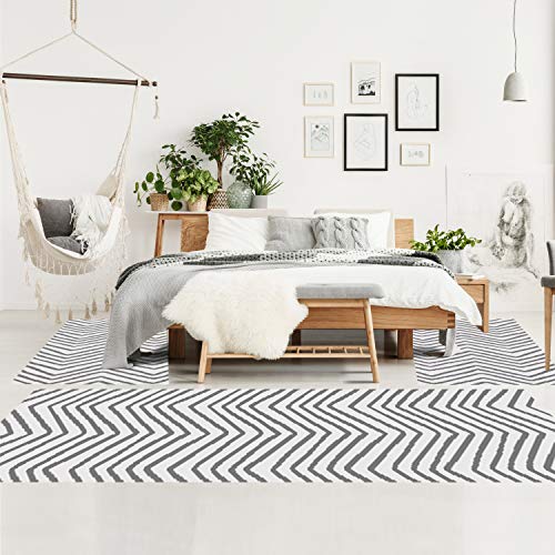 Teppich Bettumrandung Shaggy super Soft mit Zickzack Muster in Creme/Grau Wohnzimmer von carpet city
