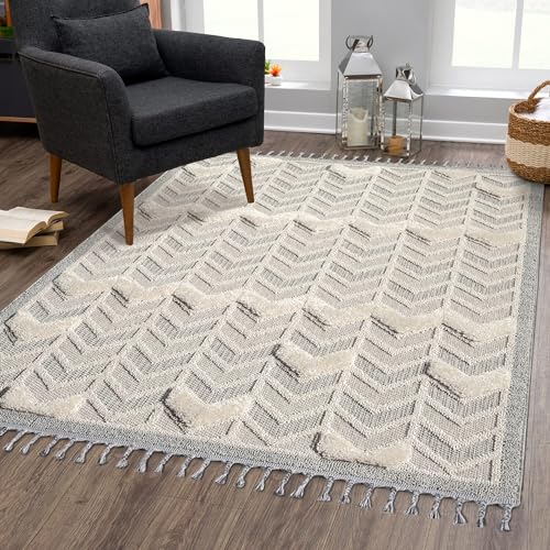Teppich Boho Wohnzimmer - Creme, Graublau - 200x290 cm - Geometrisches Muster - Relief-Optik, 3D-Effekt - Cut-&Loop, Sisal - Moderne Fransen-Teppiche Schlafzimmer von carpet city