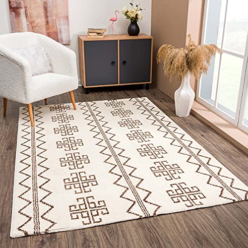 Teppich Boho Wohnzimmer Creme Braun - 200x290 cm - Geometrisches Muster Ethno-Stil - Boho-Teppiche Schlafzimmer - Microfaser Polyester Hochflor Weich von carpet city