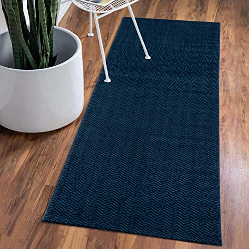 carpet city Teppich Einfarbig Blau Flur - Kleiner Läufer 80x150 cm - Hochtief-Chevron-Muster, 3D-Effekt - Kurzflor Teppiche Modern - Deko Home&Living von carpet city