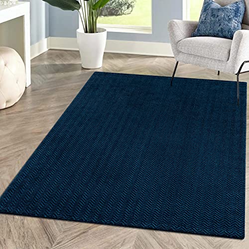 carpet city Teppich Einfarbig Blau Wohnzimmer - Rechteckig 140x200 cm - Hochtief-Chevron-Muster, 3D-Effekt - Kurzflor Teppiche Modern - Deko Home&Living von carpet city