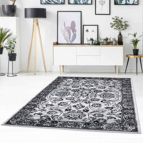 Teppich Flachflor mit Mäander-Muster, Modern/Klassisch, Floral, Meliert in Grau,Schwarz für Wohnzimmer Größe 80/150 cm von carpet city