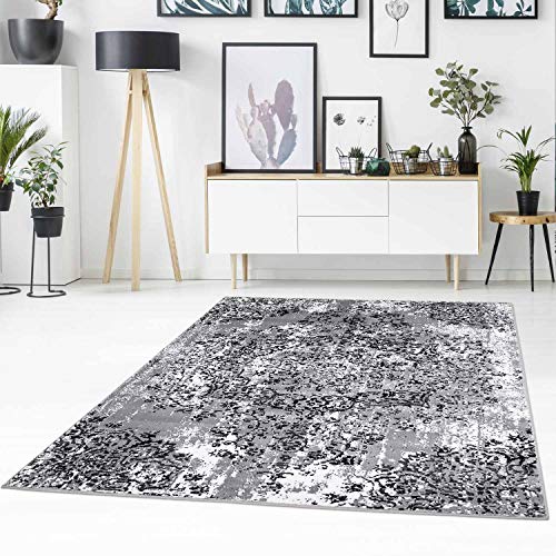 Teppich Flachflor mit Ornament-Muster, florale Verzierungen, Klassisch/Modern, meliert in Grau für Wohnzimmer Größe 80/150 cm von carpet city