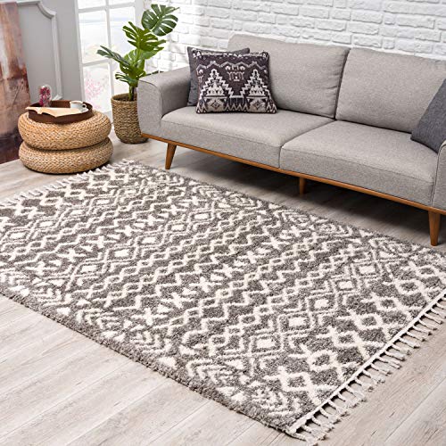 Teppich Hochflor Wohnzimmer - Ethno Boho Stil 80x250 cm Grau Creme - Teppich-Läufer mit Fransen von carpet city