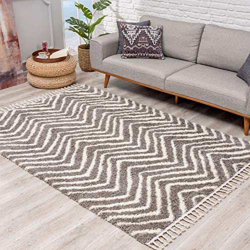 carpet city Teppich Hochflor Wohnzimmer - Ethno Chevron Design 100x300 cm Grau Creme - Teppiche mit Fransen von carpet city