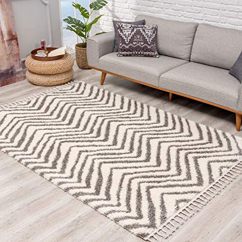 Teppich Hochflor Wohnzimmer - Ethno Chevron Design 140x200 cm Creme - Teppiche mit Fransen von carpet city