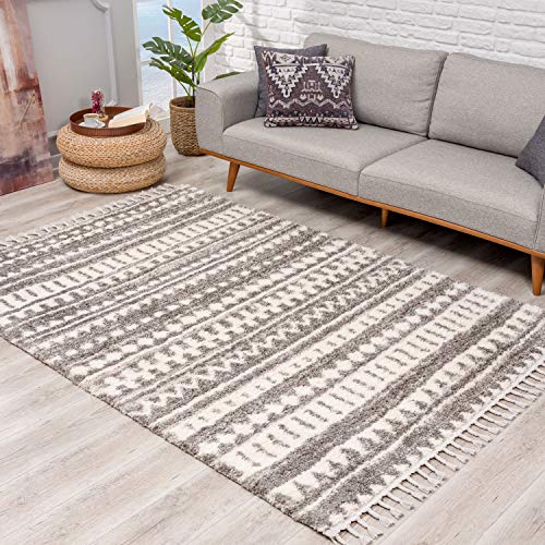 Teppich Hochflor Wohnzimmer - Ethno-Design 80x300 cm Grau Creme - Teppich-Läufer mit Fransen von carpet city