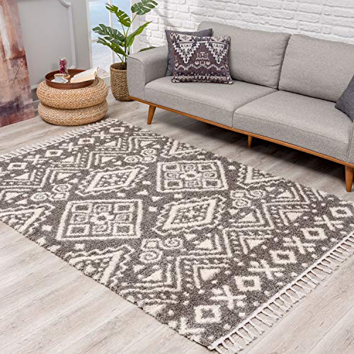 Teppich Hochflor Wohnzimmer - Ethno Geo Design 120x160 cm Grau Creme - Teppiche mit Fransen von carpet city