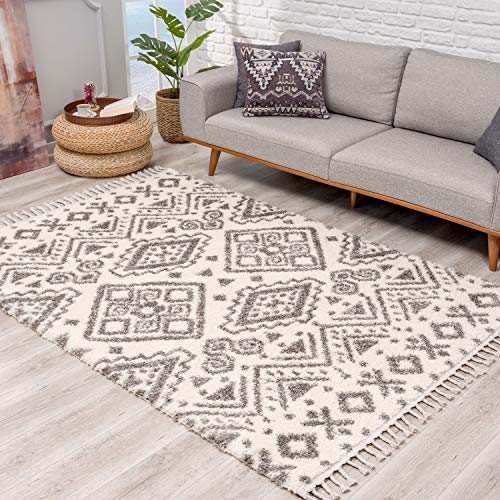 Teppich Hochflor Wohnzimmer - Ethno Geo Design 200x290 cm Creme Grau - Teppiche mit Fransen von carpet city