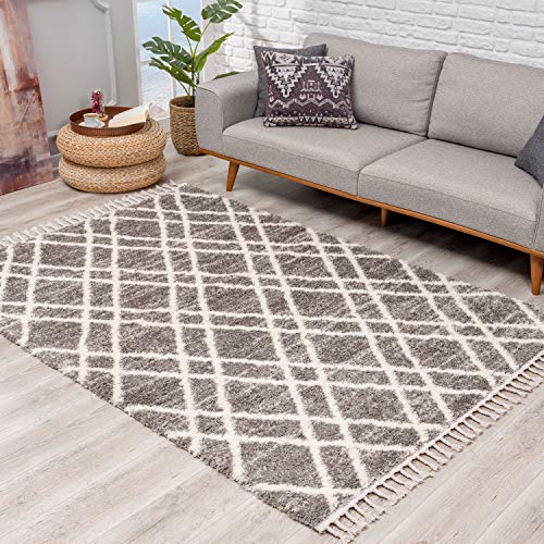 Teppich Hochflor Wohnzimmer - Ethno Raute Design 200x290 cm Grau Creme - Teppiche mit Fransen von carpet city