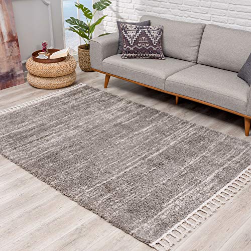 carpet city Teppich Hochflor Wohnzimmer - Ethno Stil Meliert 120x160 cm Grau Creme - Teppiche mit Fransen von carpet city