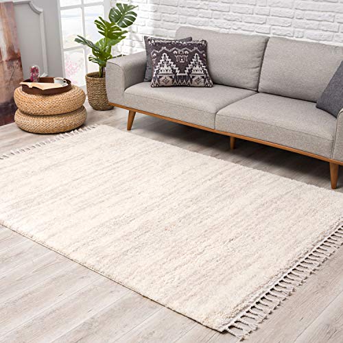 Teppich Hochflor Wohnzimmer - Ethno Stil Meliert 200x290 cm Creme - Teppiche mit Fransen von carpet city