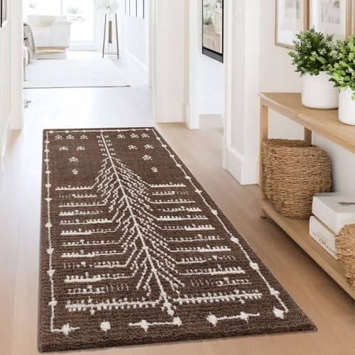 Teppich-Läufer Flauschig Braun - 80x300 cm - Geometrisches Kilim-Muster - Weiche Microfasern - Boho Teppiche Flur, Wohnzimmer, Schlafzimmer von carpet city