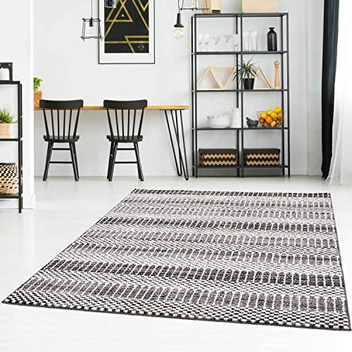 Teppich Flachflor modern geometrisches Muster aus Streifen und Karo-Elementen in Grau Wohnzimmer Größe 80/300 cm von Qilim