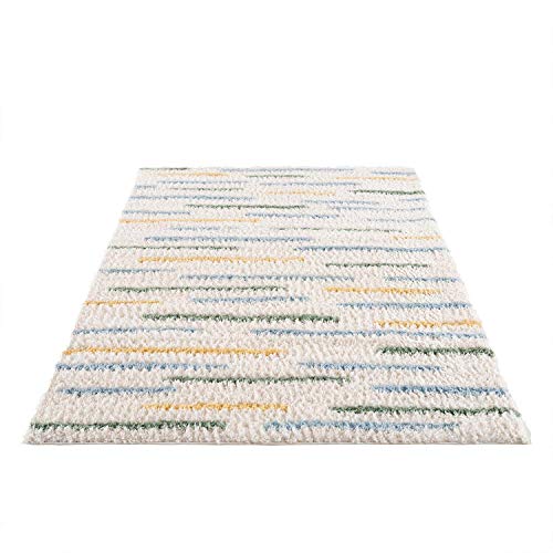 Teppich-Läufer Shaggy Hochflor - Streifen-Muster 80x300 cm Creme Multi - Moderne Wohnzimmer-Teppiche von carpet city