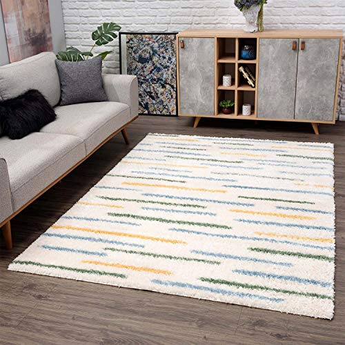 Teppich Shaggy Hochflor - Streifen-Muster 140x200 cm Creme Multi - Moderne Wohnzimmer-Teppiche von carpet city