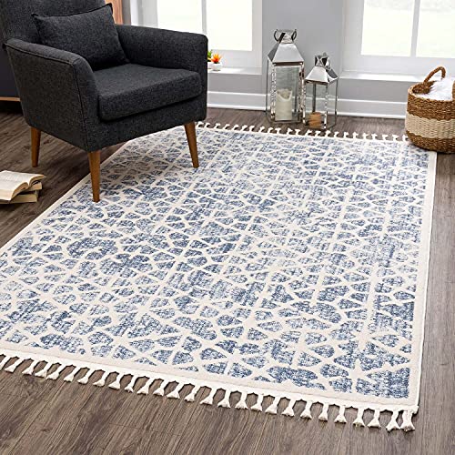 Teppich Wohnzimmer Blau - 120x170 cm - Geometrisch Scandi-Stil - Kurzflor Teppiche Modern - Fransenteppich Tricolor Soft&Weich - Flachflor Schlafzimmer von carpet city