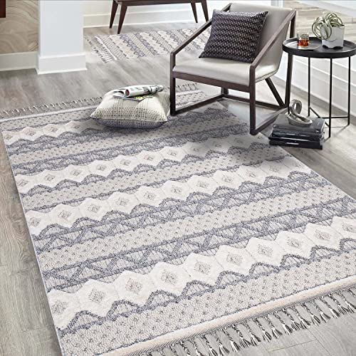 Teppich Wohnzimmer Boho-Stil Graublau - 160x230 cm - Geometrisches Muster - Relief-Optik, 3D-Effekt - Cut-&Loop, Sisal - Moderne Fransen-Teppiche Schlafzimmer von carpet city