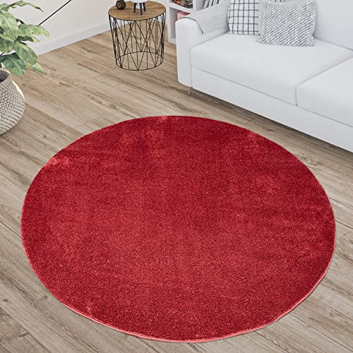 carpet city Teppich Wohnzimmer Hochflor - 120 cm Rund - Rot, Einfarbig - Super Soft - Weiche Micro-Polyester Teppiche Schlafzimmer - Moderne Langflor Wohnzimmerteppiche von carpet city