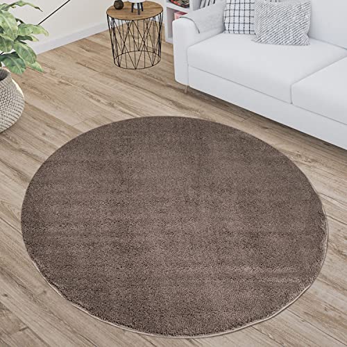 carpet city Teppich Wohnzimmer Hochflor - 120 cm Rund - Taupe, Einfarbig - Super Soft - Weiche Micro-Polyester Teppiche Schlafzimmer - Moderne Langflor Wohnzimmerteppiche von carpet city