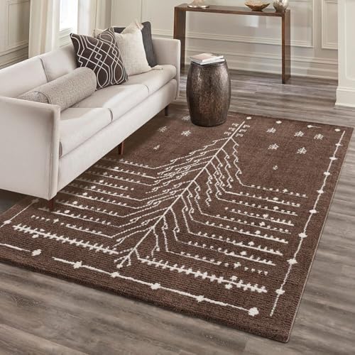 Wohnzimmer Teppich Flauschig Braun - 200x290 cm - Geometrisches Kilim-Muster - Weiche Microfasern - Boho Teppiche Schlafzimmer, Flur, Esszimmer von carpet city