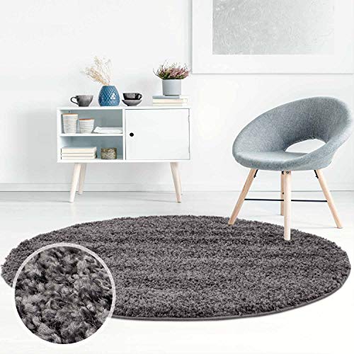 ayshaggy Shaggy Teppich Hochflor Langflor Einfarbig Uni Dunkelgrau Weich Flauschig Wohnzimmer, Größe: 80 x 80 cm Rund von carpet city