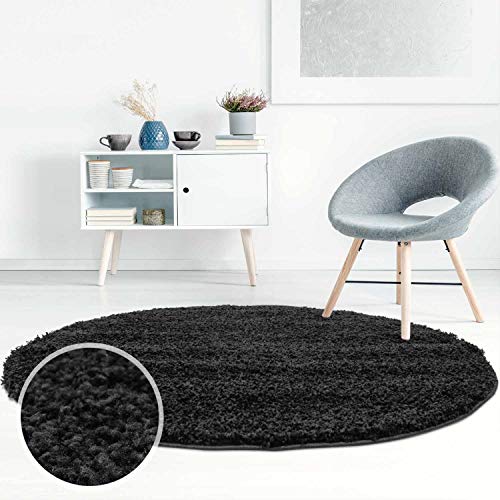 ayshaggy Shaggy Teppich Hochflor Langflor Einfarbig Uni Schwarz Weich Flauschig Wohnzimmer, Größe: 200 x 200 cm Rund von carpet city