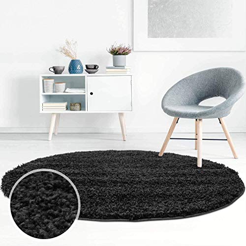ayshaggy Shaggy Teppich Hochflor Langflor Einfarbig Uni Schwarz Weich Flauschig Wohnzimmer, Größe: 80 x 80 cm Rund von carpet city