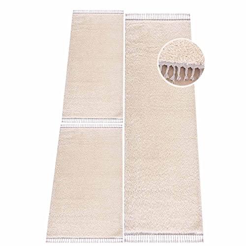 carpet city Bettvorleger Schlafzimmer Creme - Shaggy Hochflor Bettumrandung - Teppich-Läufer-Set 2X 80x150 cm, 1x 80x300 cm - Einfarbige Schlafzimmerteppiche -Helle Läufer Bett von carpet city