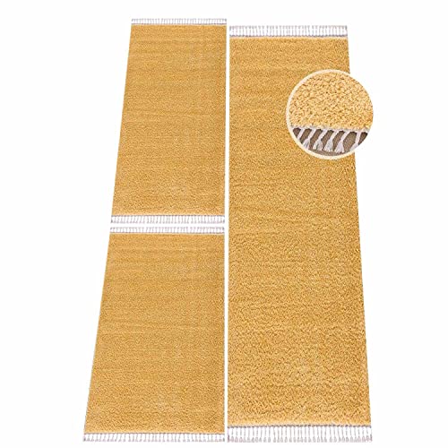 carpet city Bettvorleger Schlafzimmer Gelb - Shaggy Hochflor Bettumrandung - Teppich-Läufer-Set 2X 80x150 cm, 1x 80x300 cm - Einfarbige Schlafzimmerteppiche - Gelbe Läufer Bett von carpet city