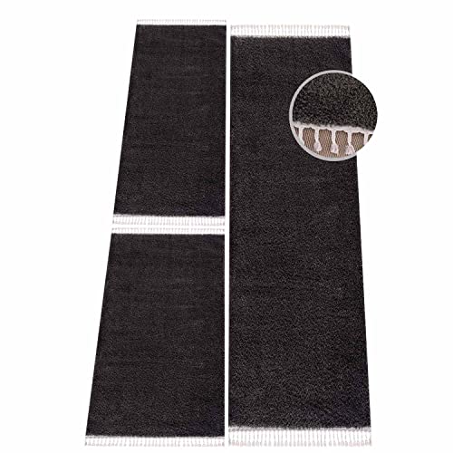 carpet city Bettvorleger Schlafzimmer Schwarz - Shaggy Hochflor Bettumrandung - Teppich-Läufer-Set 2X 80x150 cm, 1x 80x300 cm - Einfarbige Schlafzimmerteppiche - Schwarze Bett-Läufer von carpet city