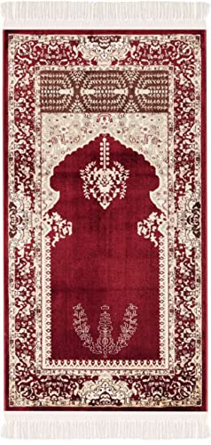 carpet city Gebetsteppich - Seccade Namaz - 70x125 cm Bordeaux - Bordüre Ornamente Mihrab Gebetsmatte mit Fransen - Wand-Dekoration Wohnzimmer - Klassische Teppiche Kurzflor - Orientteppich von carpet city