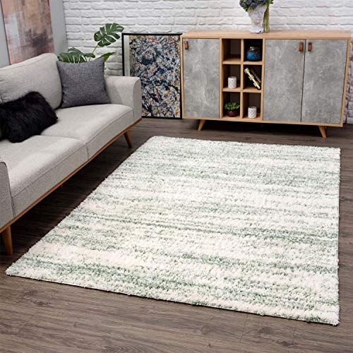 carpet city Hochflor Teppich Läufer Grün Creme - 80x300 cm - Modern Meliert Gestreift - Shaggy Langflor - Schlafzimmer Kinderzimmer Flur Diele - Flauschig Weich von carpet city