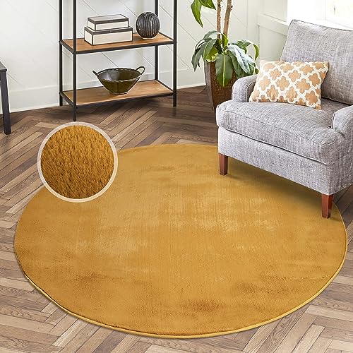 Hochflor Teppich Wohnzimmer - Einfarbig Amber, bernsteinfarbend - 120x120 cm Rund - Super Soft Polyester, Samtig-Flauschiger Flor - Fell-Teppiche für Schlafzimmer, Esszimmer, Arbeitszimmer von carpet city