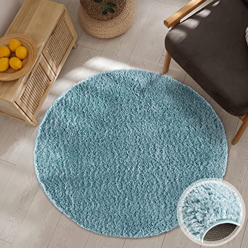 carpet city Hochflor Teppich Wohnzimmer - Einfarbig Blau - 160x160 cm Rund - Shaggyteppich Langflor Uni - Schlafzimmerteppich Flauschig Weich - Moderne Wohnzimmerteppiche von carpet city