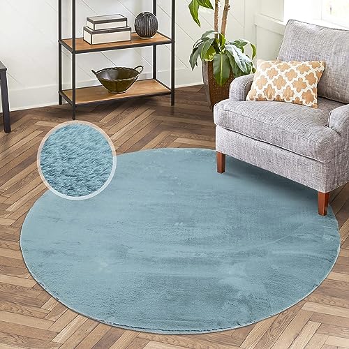 carpet city Hochflor Teppich Wohnzimmer - Einfarbig Blau - 160x160 cm Rund - Super Soft Polyester, Samtig-Flauschiger Flor - Fell-Teppiche für Schlafzimmer, Esszimmer, Arbeitszimmer von carpet city