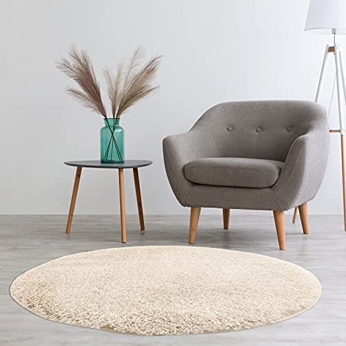 carpet city Hochflor Teppich Wohnzimmer - Einfarbig Creme - 120x120 cm Rund - Shaggyteppich Langflor Uni - Schlafzimmerteppich Flauschig Weich - Moderne Wohnzimmerteppiche von carpet city